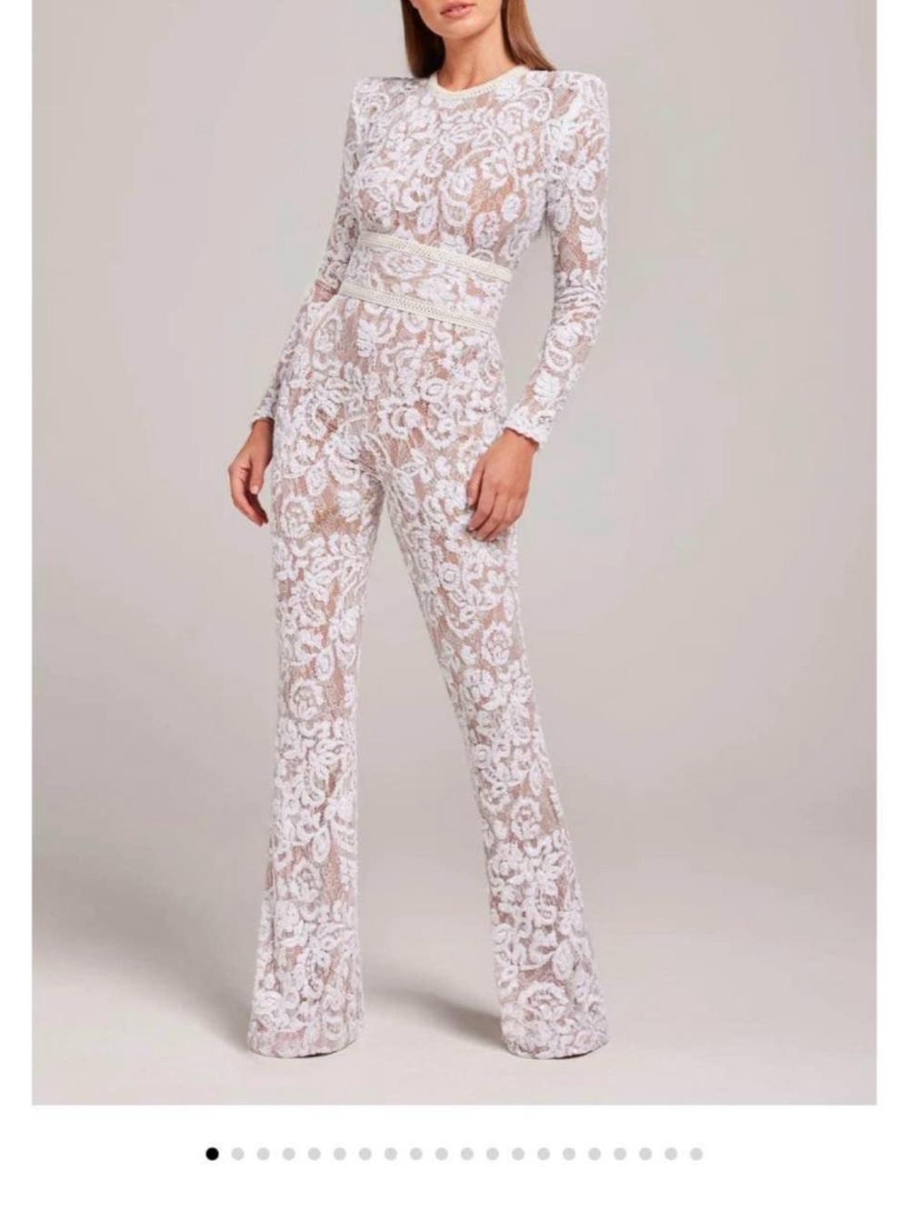 NADINE MERABI White Lace Long-Sleeve Wide-Leg Jumpsuit